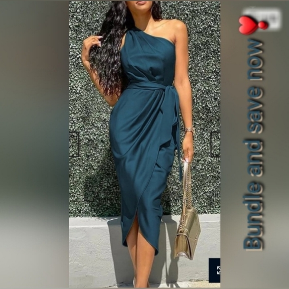 NWT One Shoulder Ruched Midi Dress Belted Party Dress Size Large Dark Blue Color - Picture 8 of 10